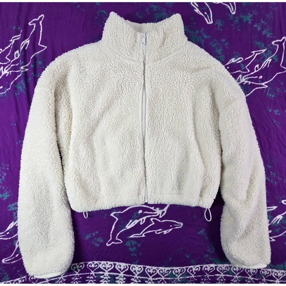 Offline by Aerie Women's Teddy Fluffy Full Zip Up Cropped Jacket Ivory M